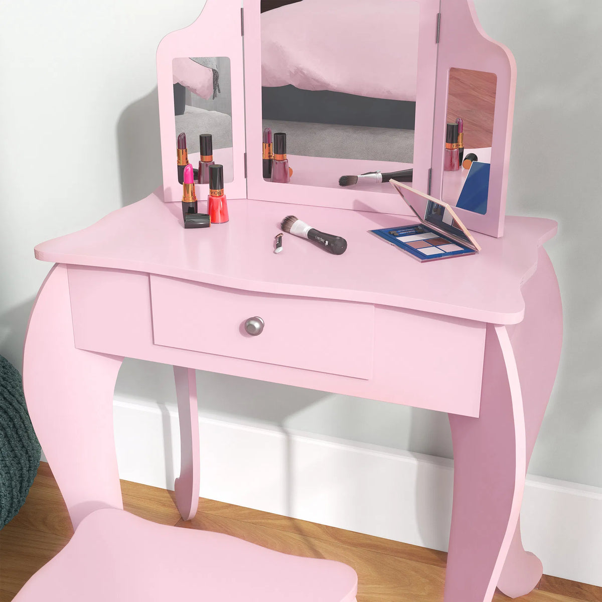 Kids Vanity Table and Stool Makeup Vanity Girls Dressing Table Set with - Image 4