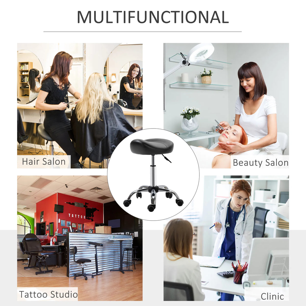 Saddle Stool Height Adjustable Rolling Salon Chair PU Leather Black for Massage - Image 5