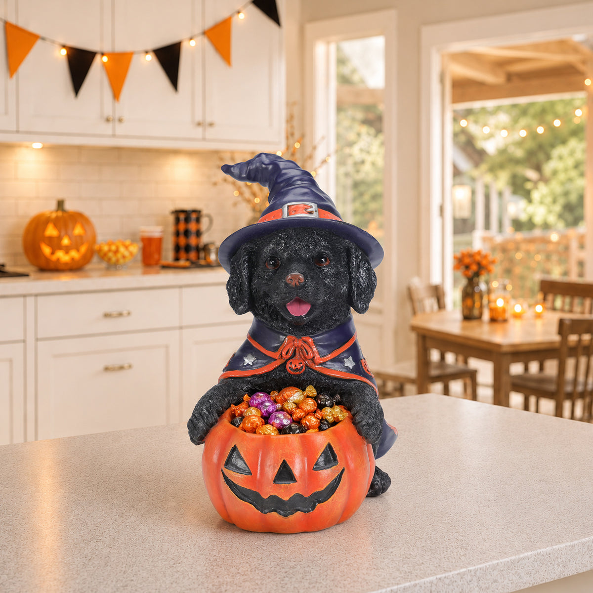 Halloween Black Labrador Retriever Witch Puppy Figurine Cute Dog Holding