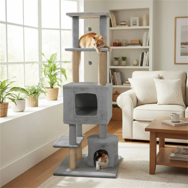 64" Light Gray Cat Tower With Plush Perches & 3 Dangling Balls Jute Scratching