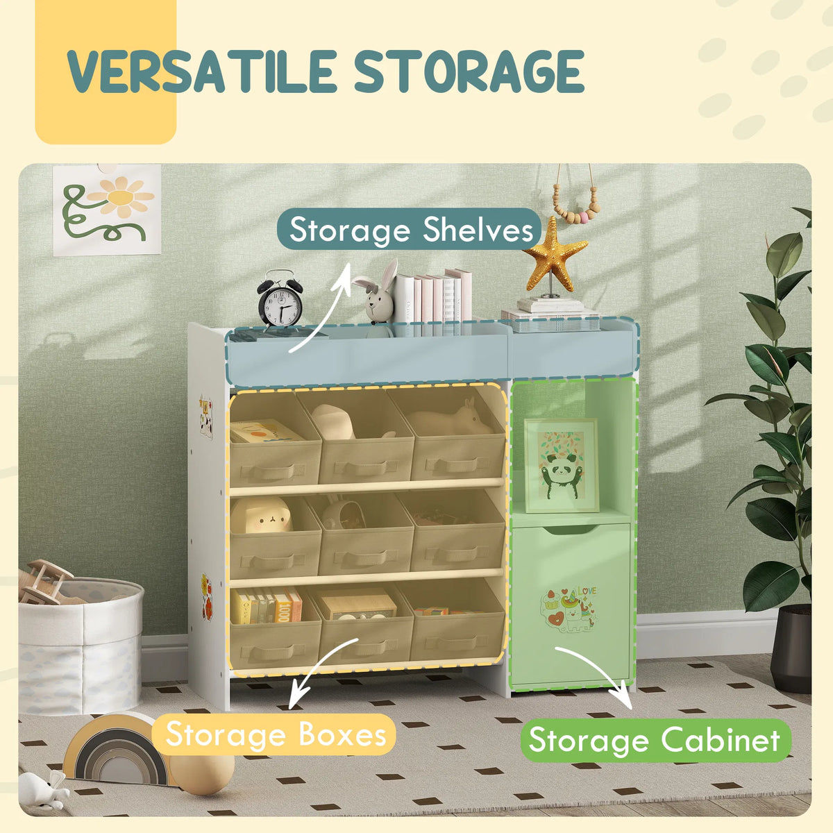 Toy Storage Organizer with 9 Non Woven Fabric Boxes Storage Cabinet & Shelves - Image 3