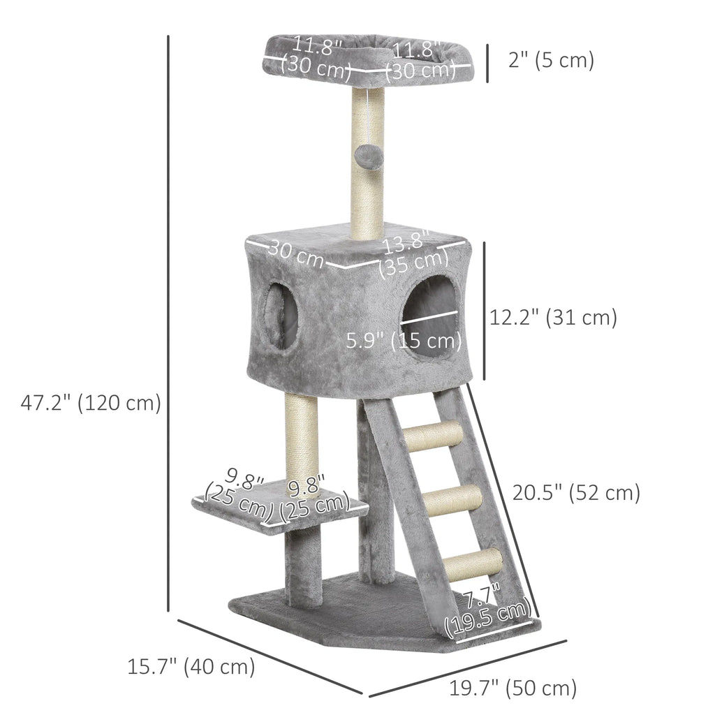 47" Tall Cat Tree Tower with Condo Ladder Scratching Posts and Hanging Ball - Image 3