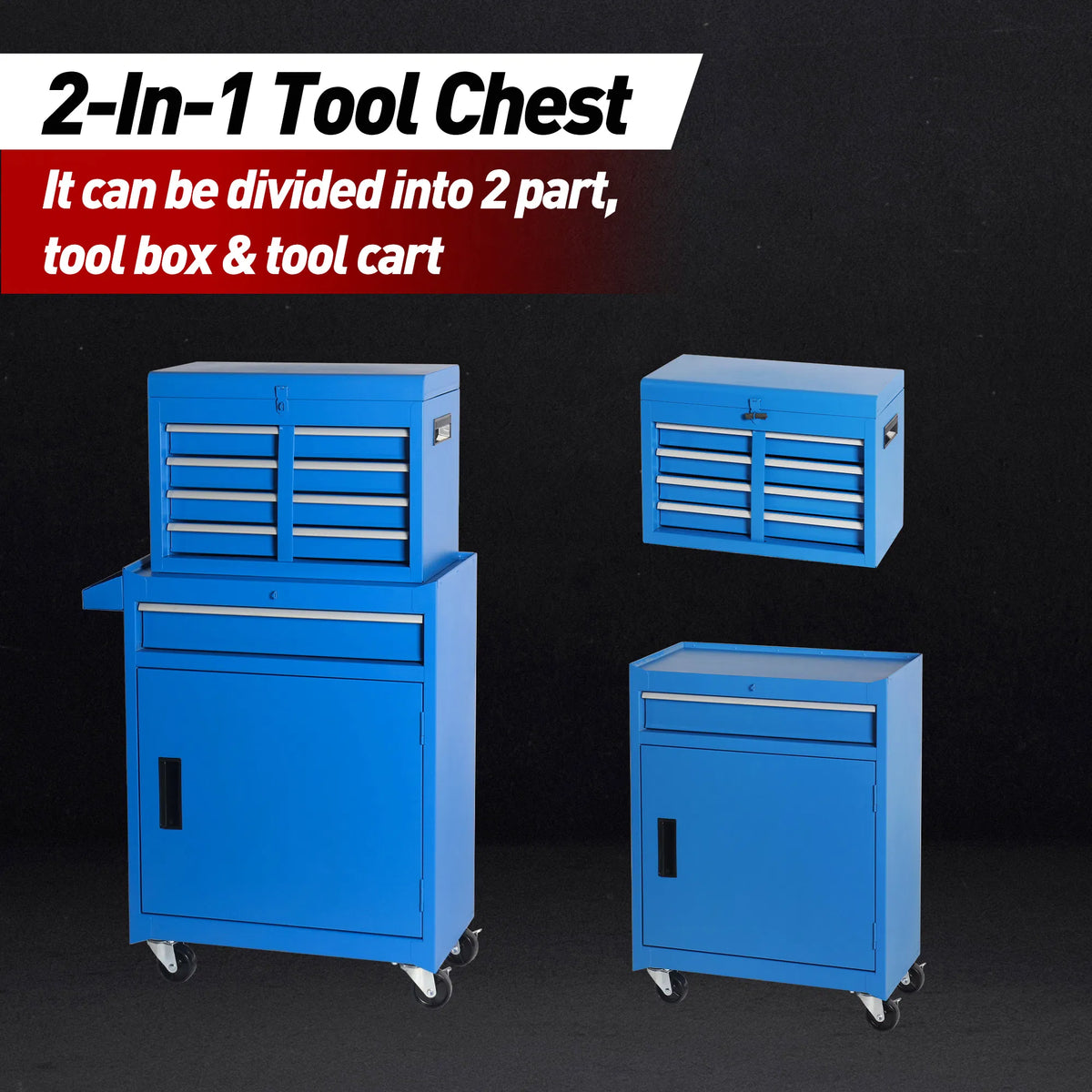 5 Drawer Rolling Tool Storage Cabinet with Detachable Tool Box and Lockable Wheels - Angle and Detail View