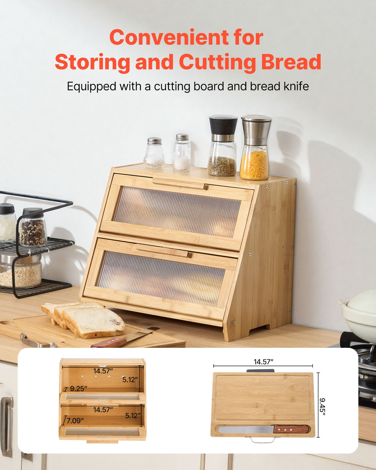 Double Layer Bread Box For Kitchen Counter Bamboo Storage Container Natural - Image 4