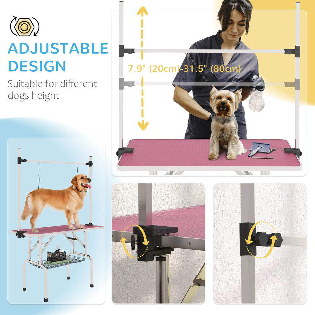 Adjustable Dog Grooming Table with 2 Safety Slings Storage Basket Pink - Image 2