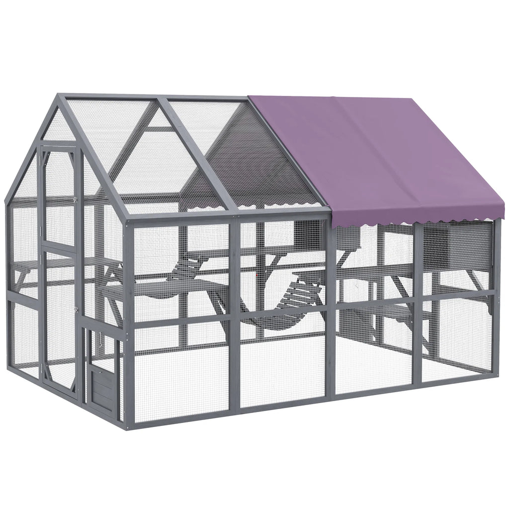 Outdoor Cat Enclosure Wooden Feral Cat House w/ Weatherproof Canopy Bridges - Image 4