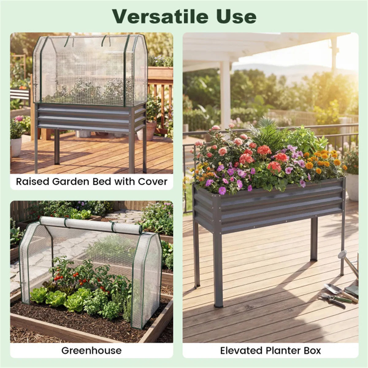 3 in 1 Metal Raised Garden Bed with Mini Greenhouse Cover Elevated Planter Box - Image 3