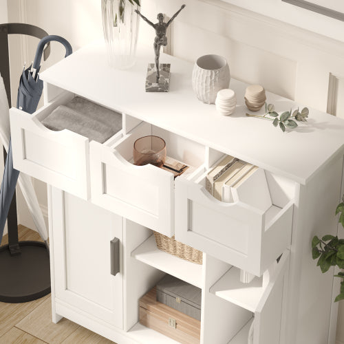 White Wooden Floor Storage Cabinet with Drawers and Shelves