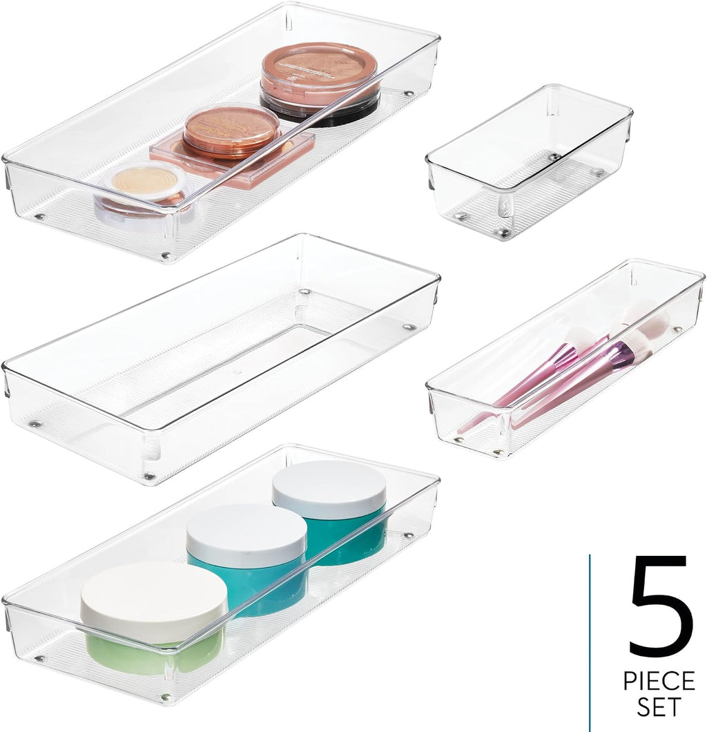 25 Piece Kitchen Drawer Organizer Set Clear Plastic Storage Trays For Utensils - In-Use and Feature Display
