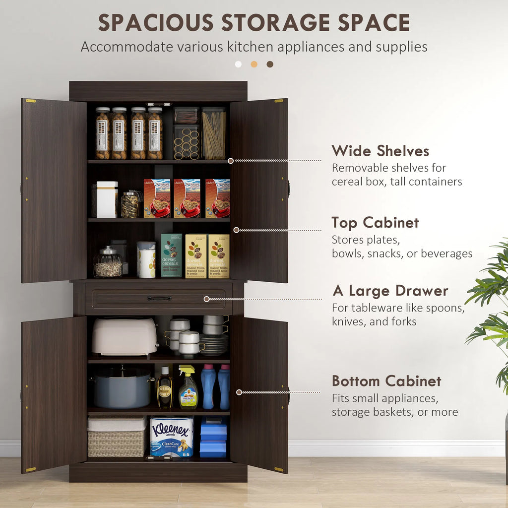 71" Freestanding Kitchen Pantry with 4 Doors and 2 Cabinets Tall Storage - Image 4