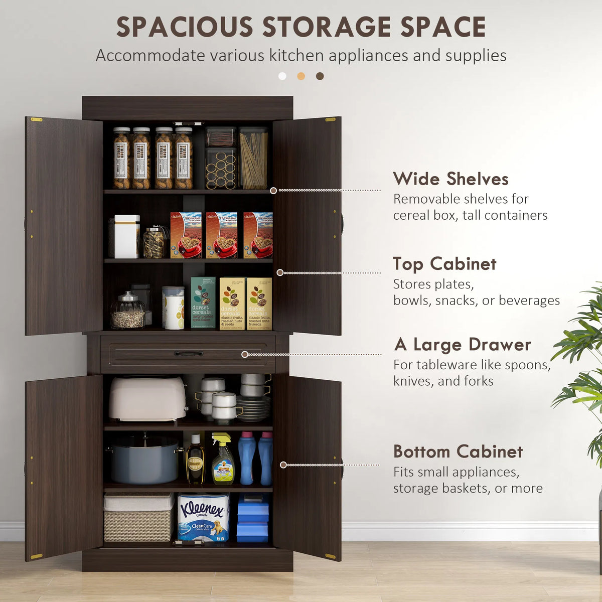 71" Freestanding Kitchen Pantry with 4 Doors and 2 Cabinets Tall Storage - Image 4