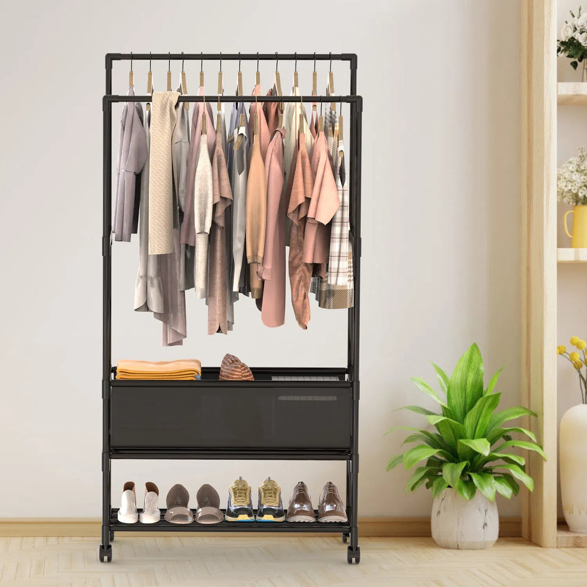 1Pc Double Rods Garment Rack with Storage Bag Portable Clothing Rack with