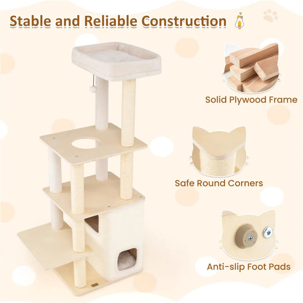 63" Wooden Cat Tree 2 Story Condo with Bamboo Interior 5 Sisal Scratching - Image 5
