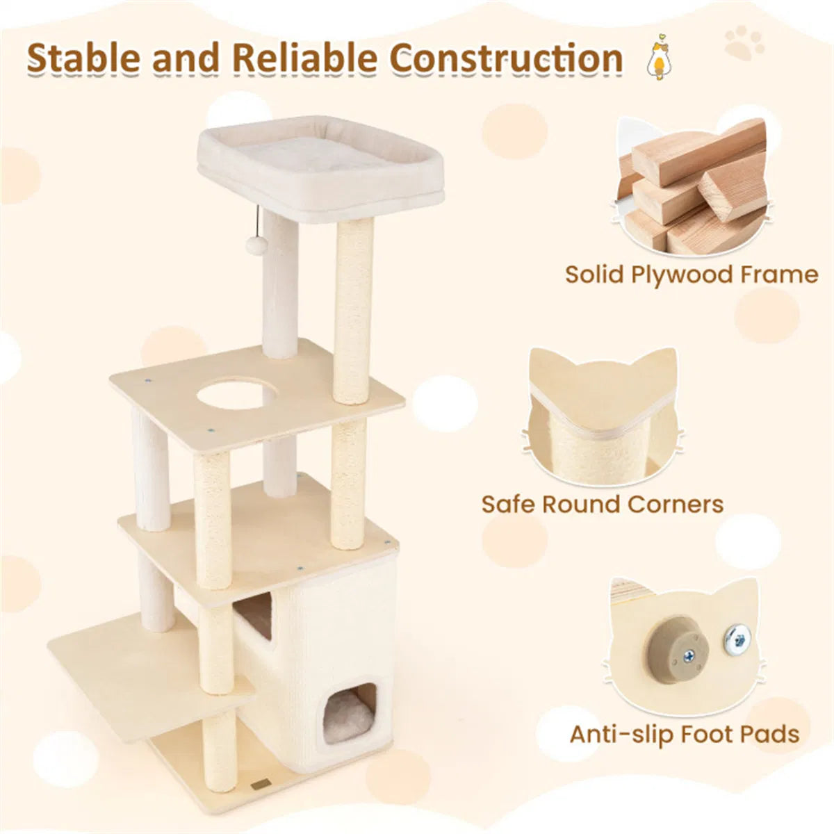 63" Wooden Cat Tree 2 Story Condo with Bamboo Interior 5 Sisal Scratching - Image 5