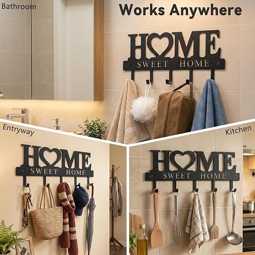Black Metal Wall Mounted Key Holder With Hooks Decorative Entryway Organizer