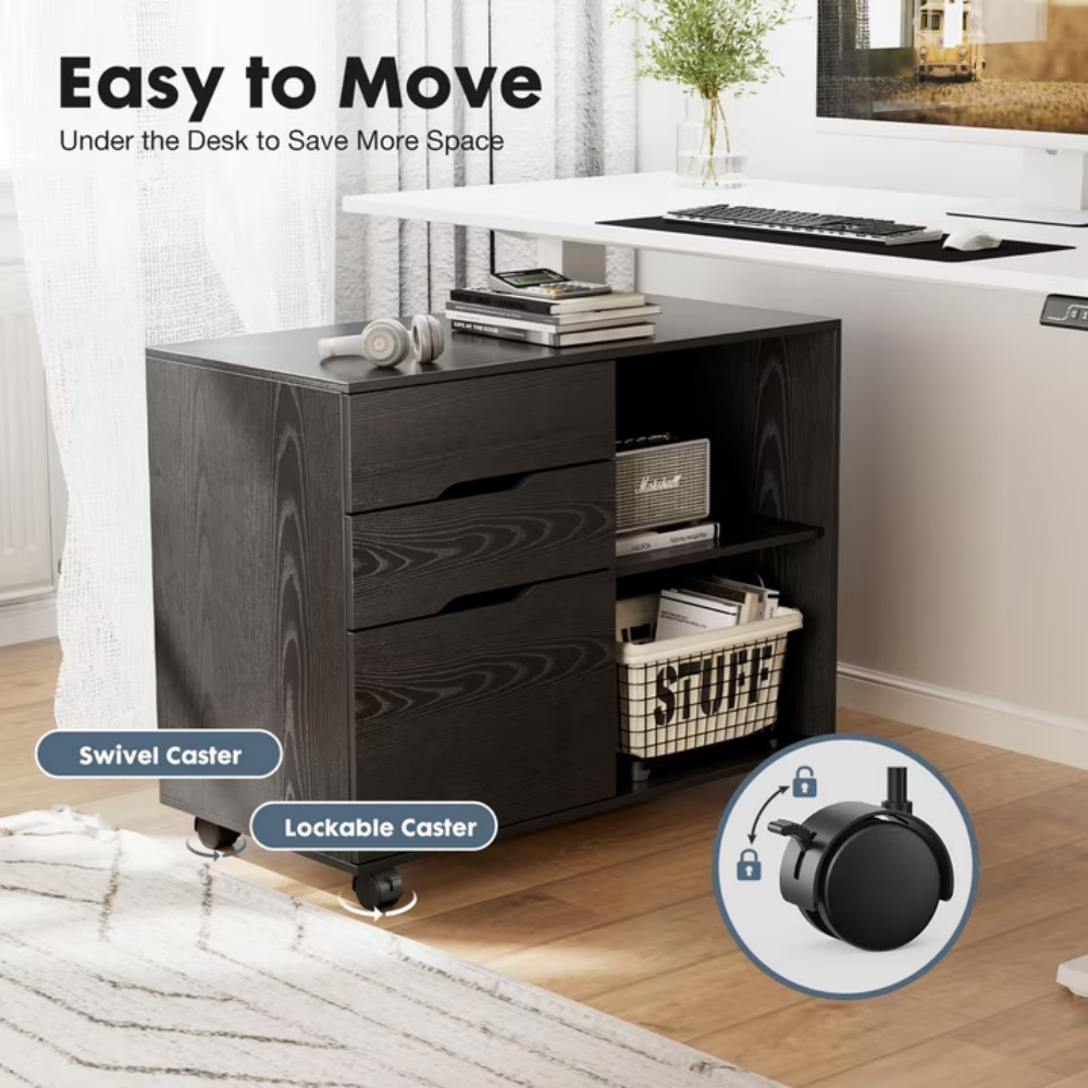 3 Drawer File Cabinet With Wheels Rolling Wood Printer Stand With Open Storage - Image 2