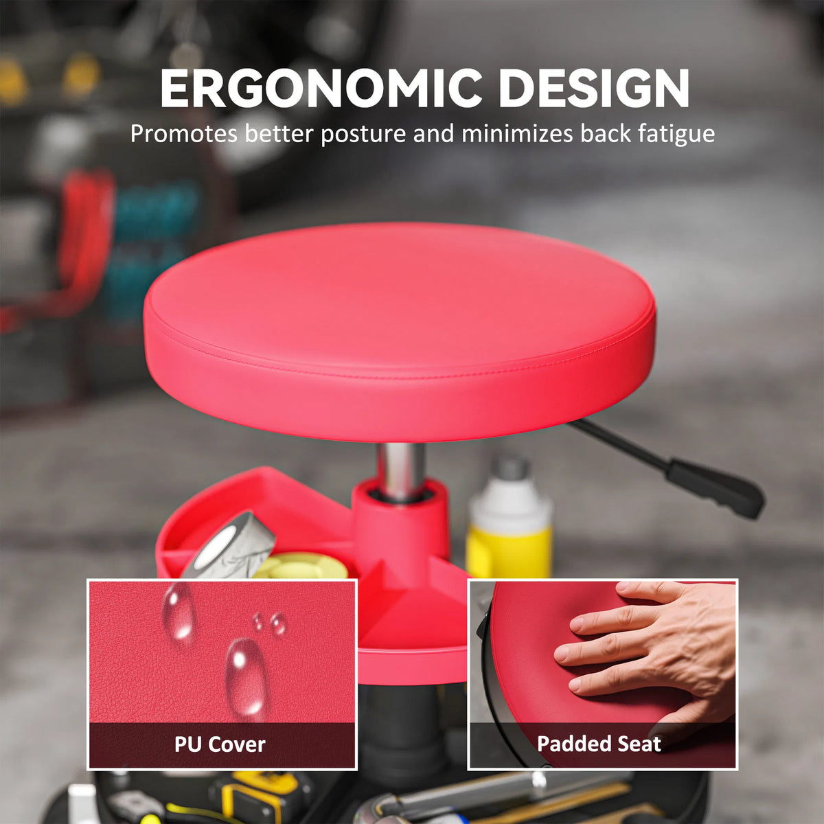 Rolling Garage Stool 300 LBS Capacity Mechanic Stool with 2.5" Wheels Tool