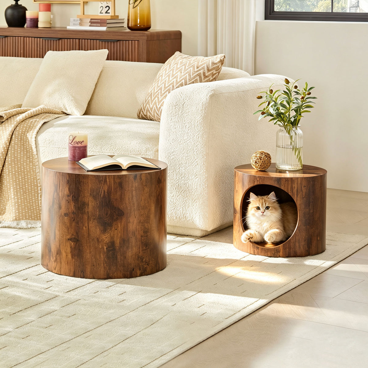 Cat Nest Nesting Stool Set Round Nesting Coffee Table Set of 2 for Living - Image 3