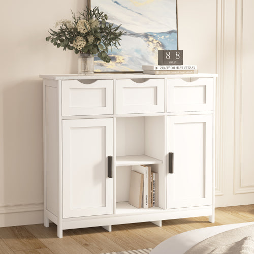 White Wooden Floor Storage Cabinet with Drawers and Shelves