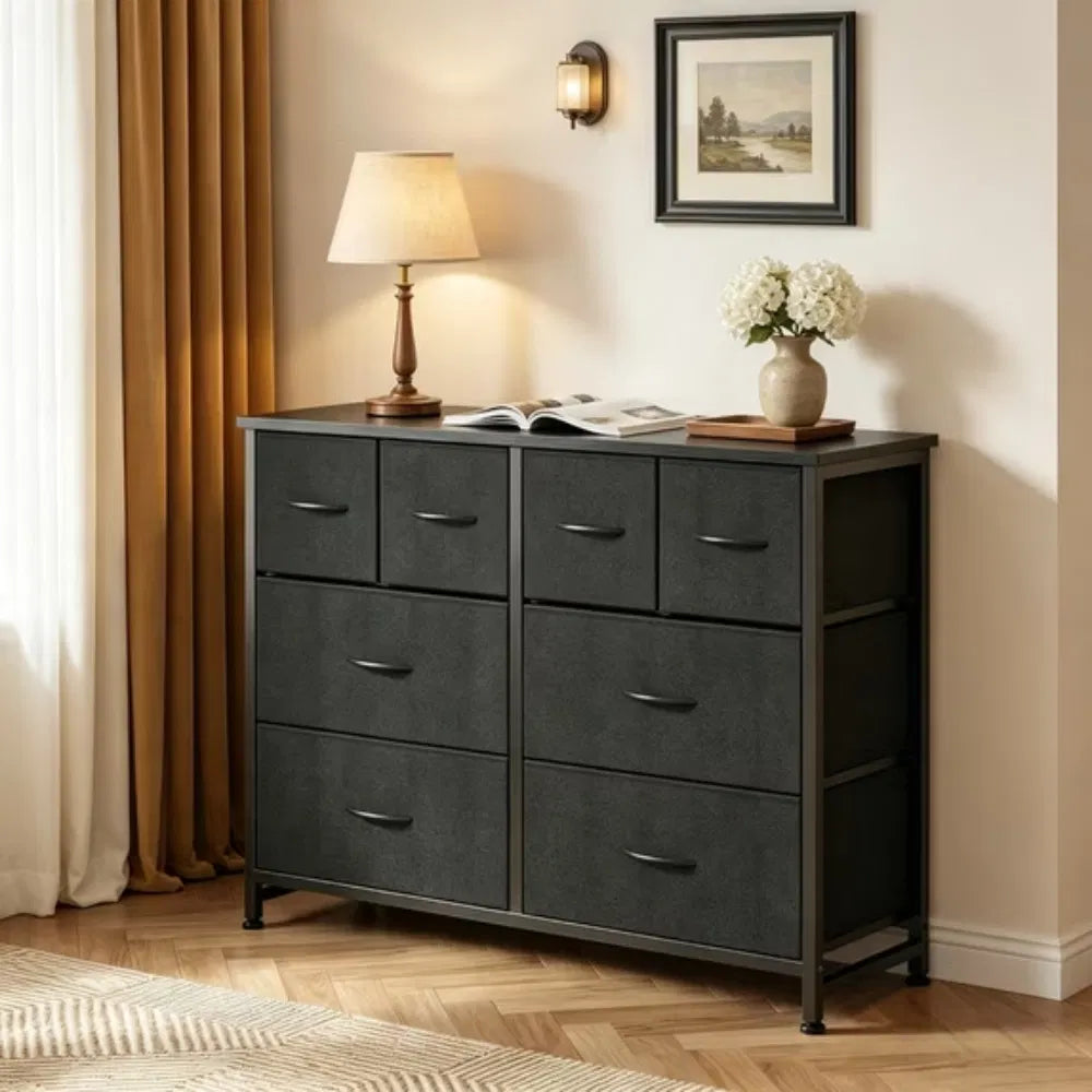 8 Drawers Fabric Cabinet Metal Frame Wide Wood TopStorageTower TV Stand Clothes - Image 3