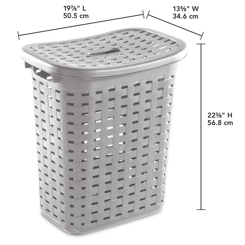 Weave Laundry Hamper with Lid Plastic Dcor Pattern and 2 Carry Handles Gray