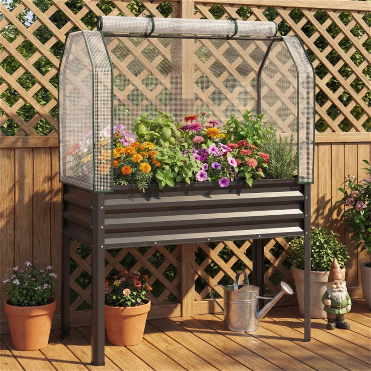 3 in 1 Metal Raised Garden Bed with Mini Greenhouse Cover Elevated Planter Box