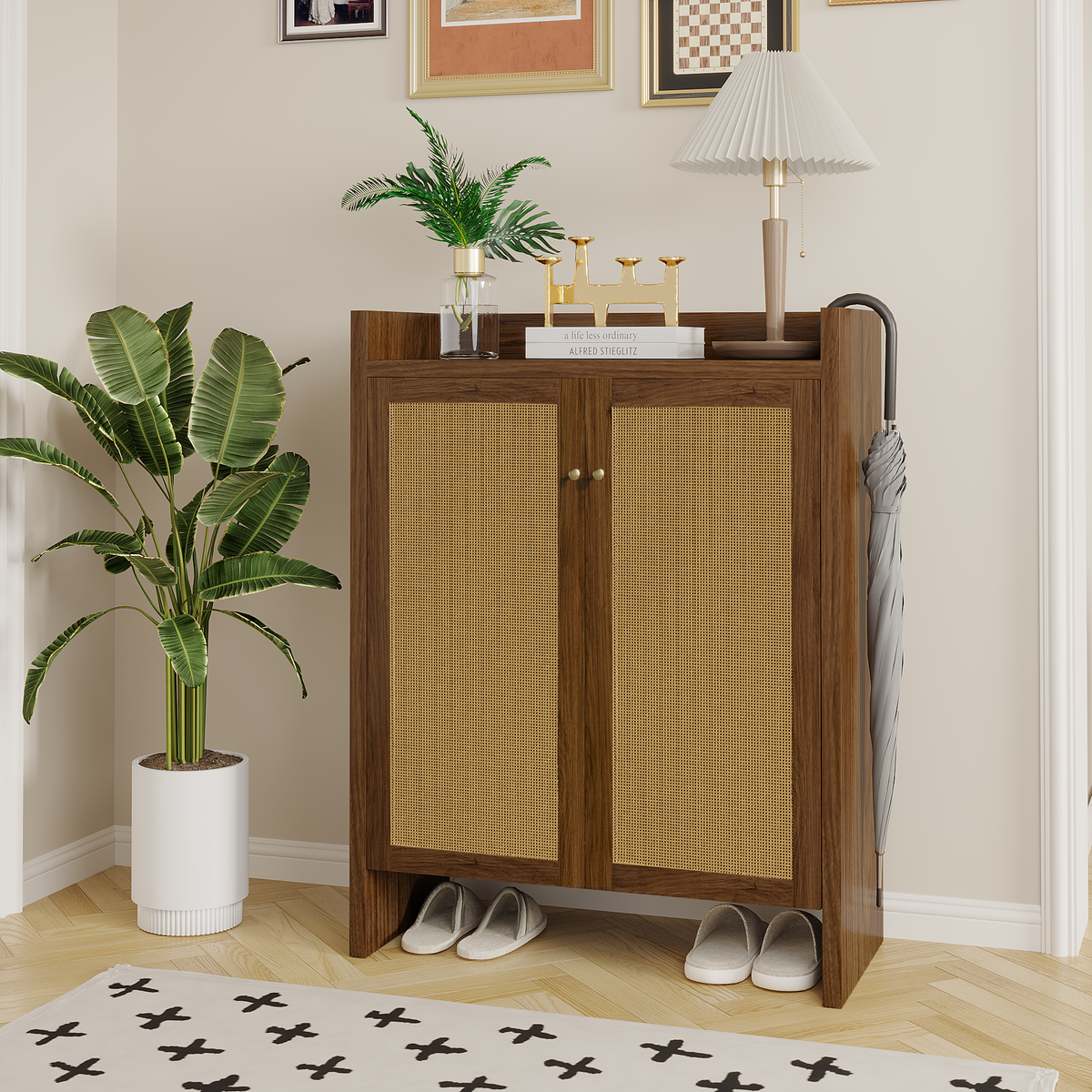 Tall Rattan Shoe Storage Cabinet