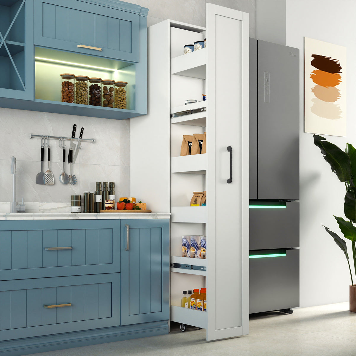 70-Inch Slim White Rolling Kitchen Storage Cabinet