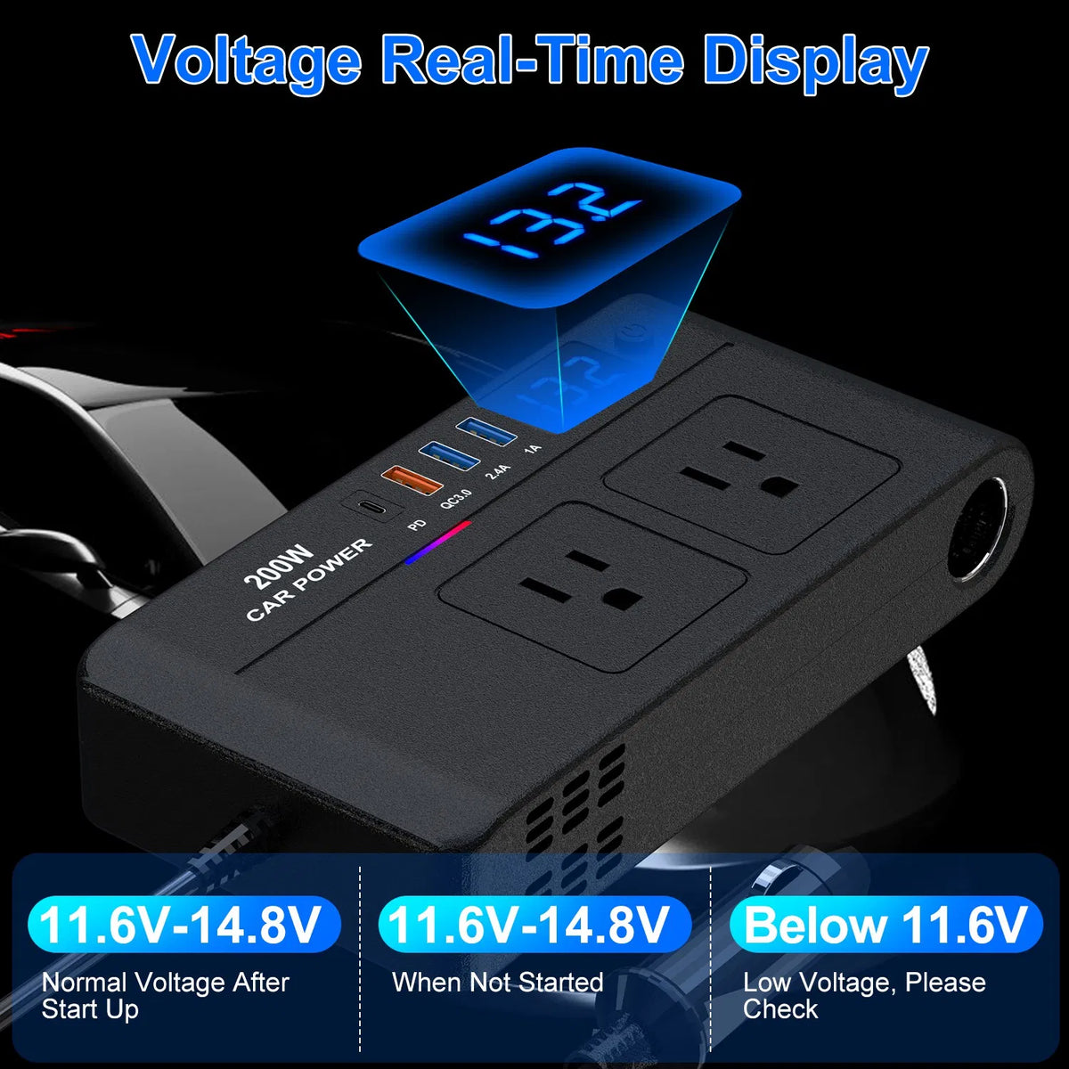 200W 12V Car Inverter DC12V to AC110V Vehicle Power Converter with 2 110V AC - Image 3