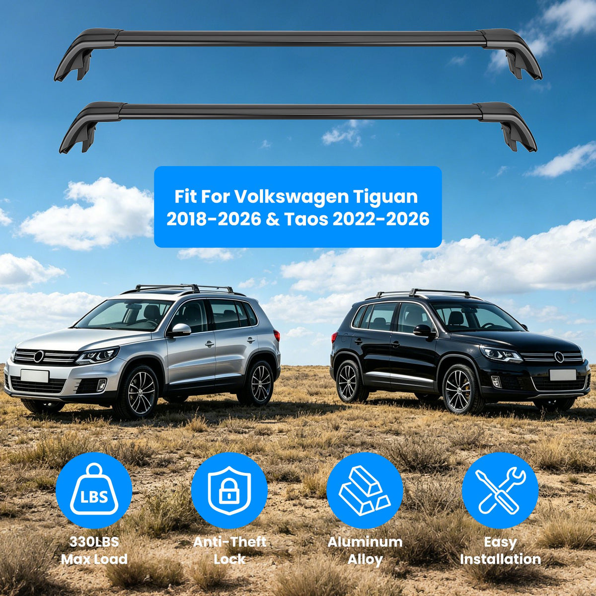 Roof Rack Cross Bars Fit For Tiguan 2018 Taos 2022 With Raised Side Rails