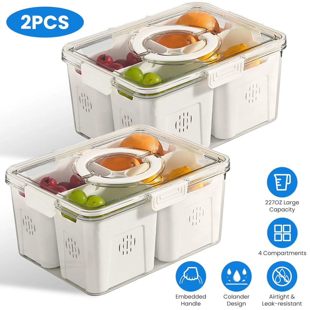 2Pack Airtight Fruit Storage Containers 4 Compartment Food Storage Containers - Image 3