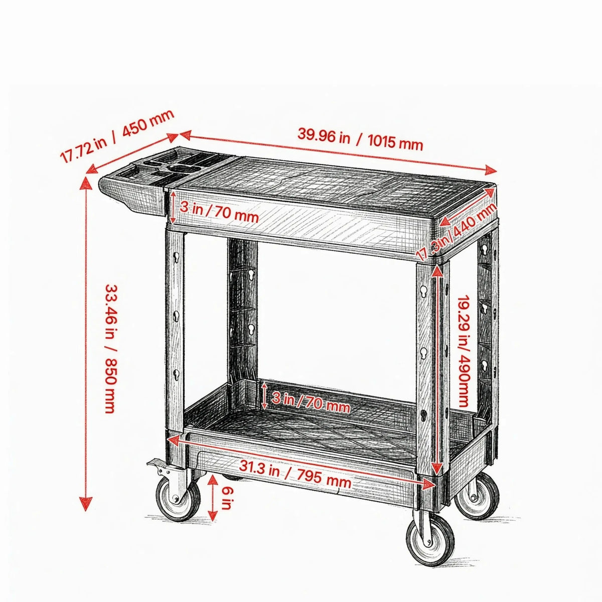 550 lbs 2 Shelf Heavy Duty Rolling Utility Service Cart 31.3 in x 17.7 in - Image 2