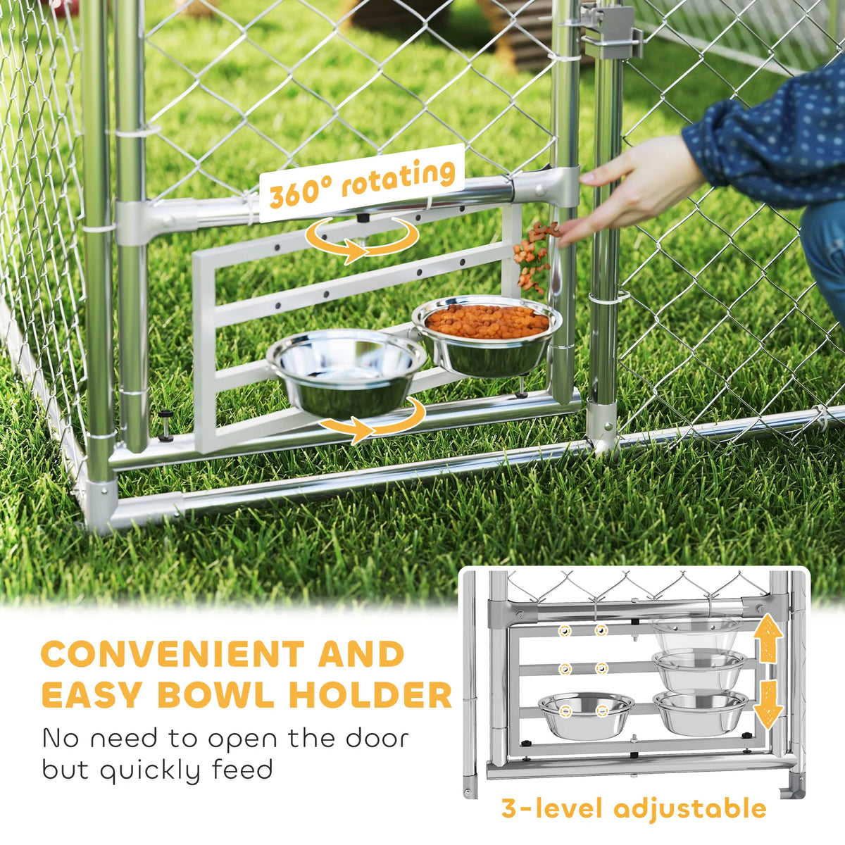 Outdoor Dog Run w/ Adjustable & Rotating Bowls Waterproof UV Resistant Cover - Image 4