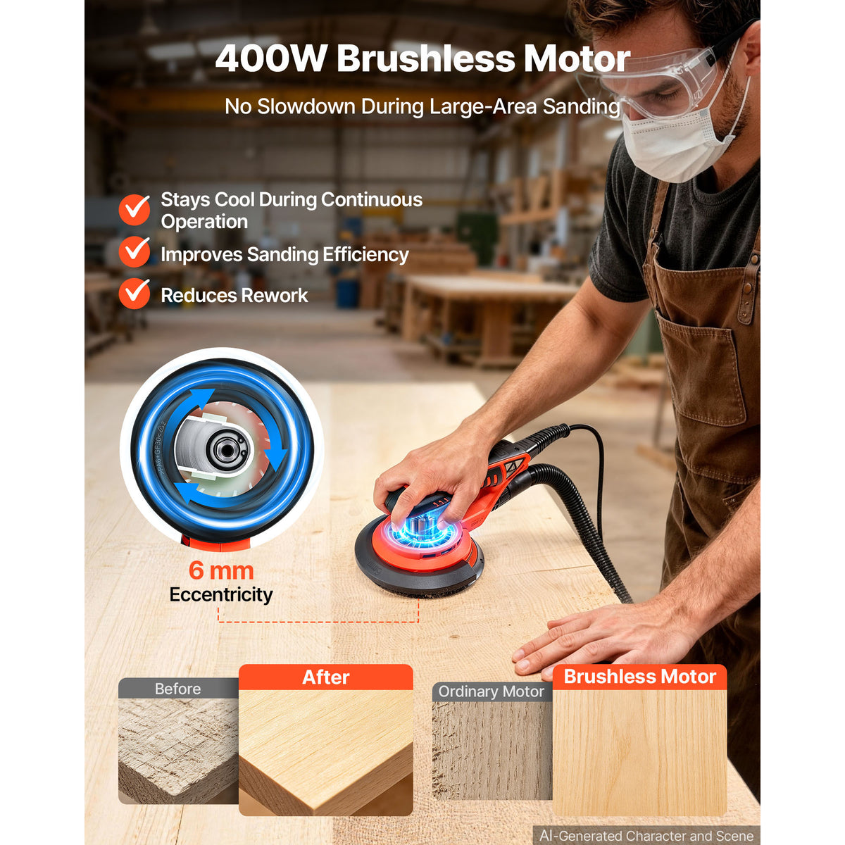 6 Inch Random Orbital Sander 400W Brushless Orbital Sander 4000 10000RPM 7 - Image 4