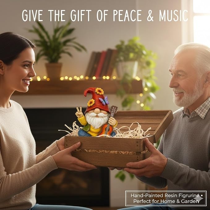 Red Peace Sign Garden Gnome Guitar Playing Resin Statue For Outdoor Lawn Decor - Image 5