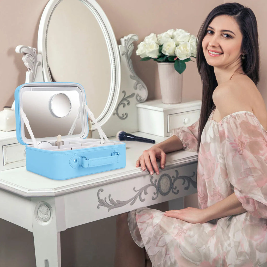 Travel Makeup Bag With 3 Light Colors Dimmable Brightness LED Mirror Detachable - Image 3