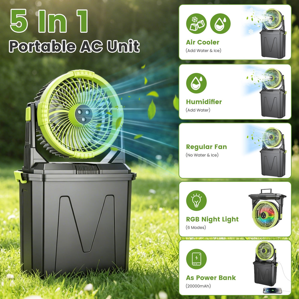 1Pc 5 In 1 20000mAh 10L Bucket Portable Misting Fan Indoor Outdoor Rechargeable - Image 3