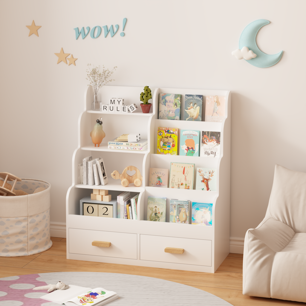 Kids Bookshelf with Two Storage Drawers