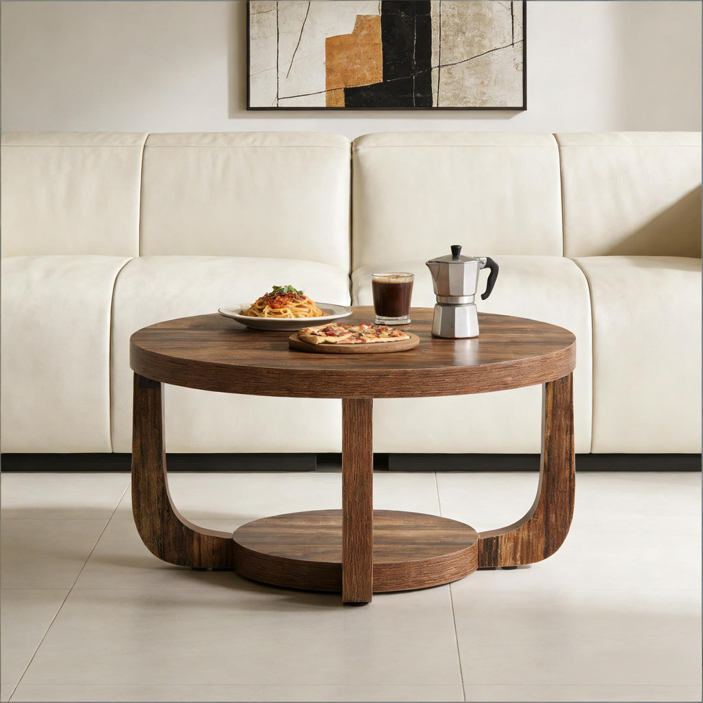 Two-Tier Round Rustic Brown Coffee Table
