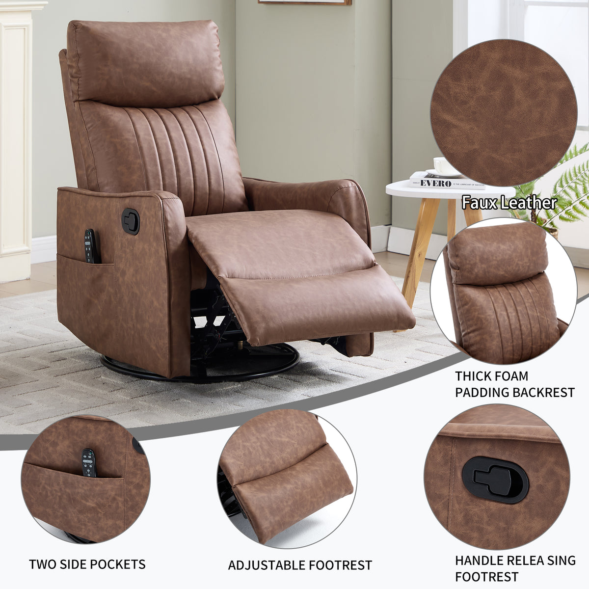 Brown Heat Massage Manual Recliner Chair with Rocker and Swivel in Faux Leather - Image 4