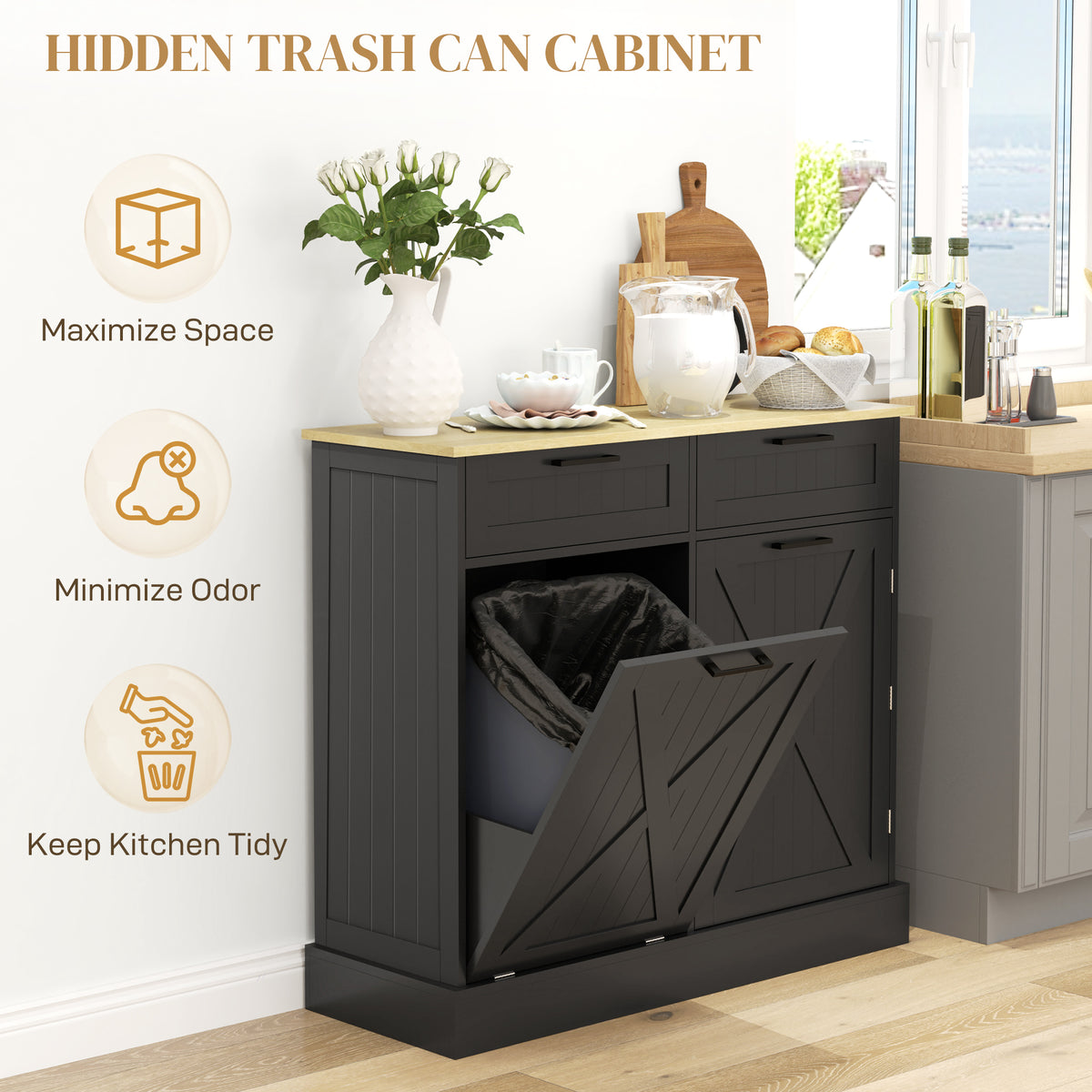 10 Gallon Farmhouse Kitchen Cabinet with Hidden Trash Can and 2 Drawers Tilt - Image 3