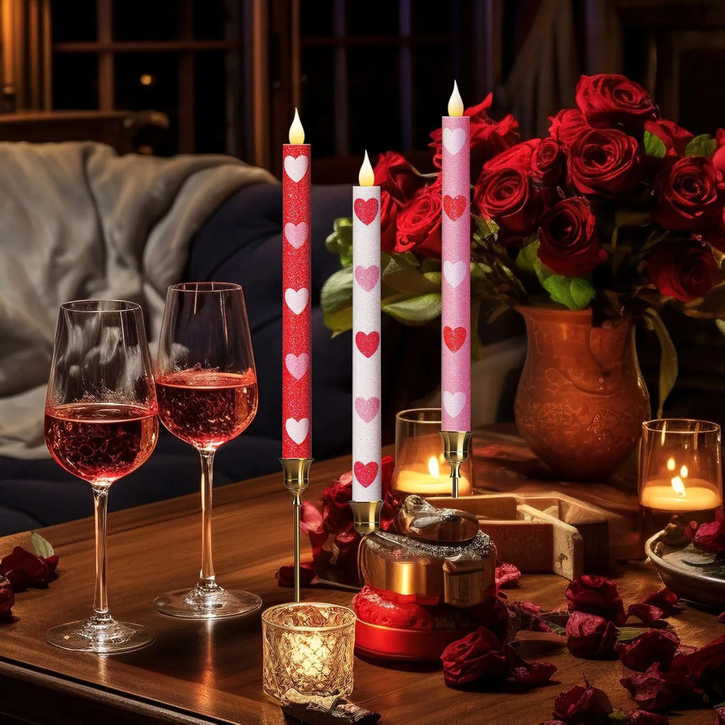Pcs Heart Glitter Flameless Taper Candles 10 Inch Valentines Day Battery