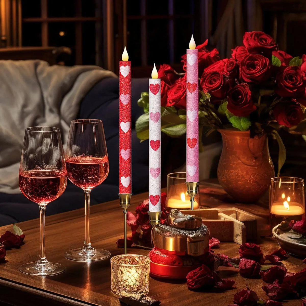 Pcs Heart Glitter Flameless Taper Candles 10 Inch Valentines Day Battery