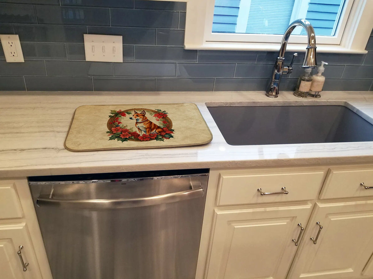 Basenji Christmas Flowers Dish Drying Mat Absorbent Dish Drying Mat Pad for