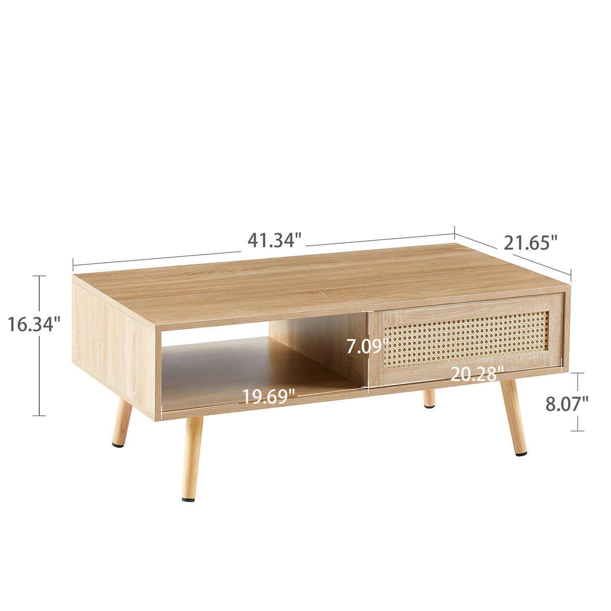 41.34inch Rattan Coffee Table Sliding Door Modern Table For Storage Solid Wood Legs