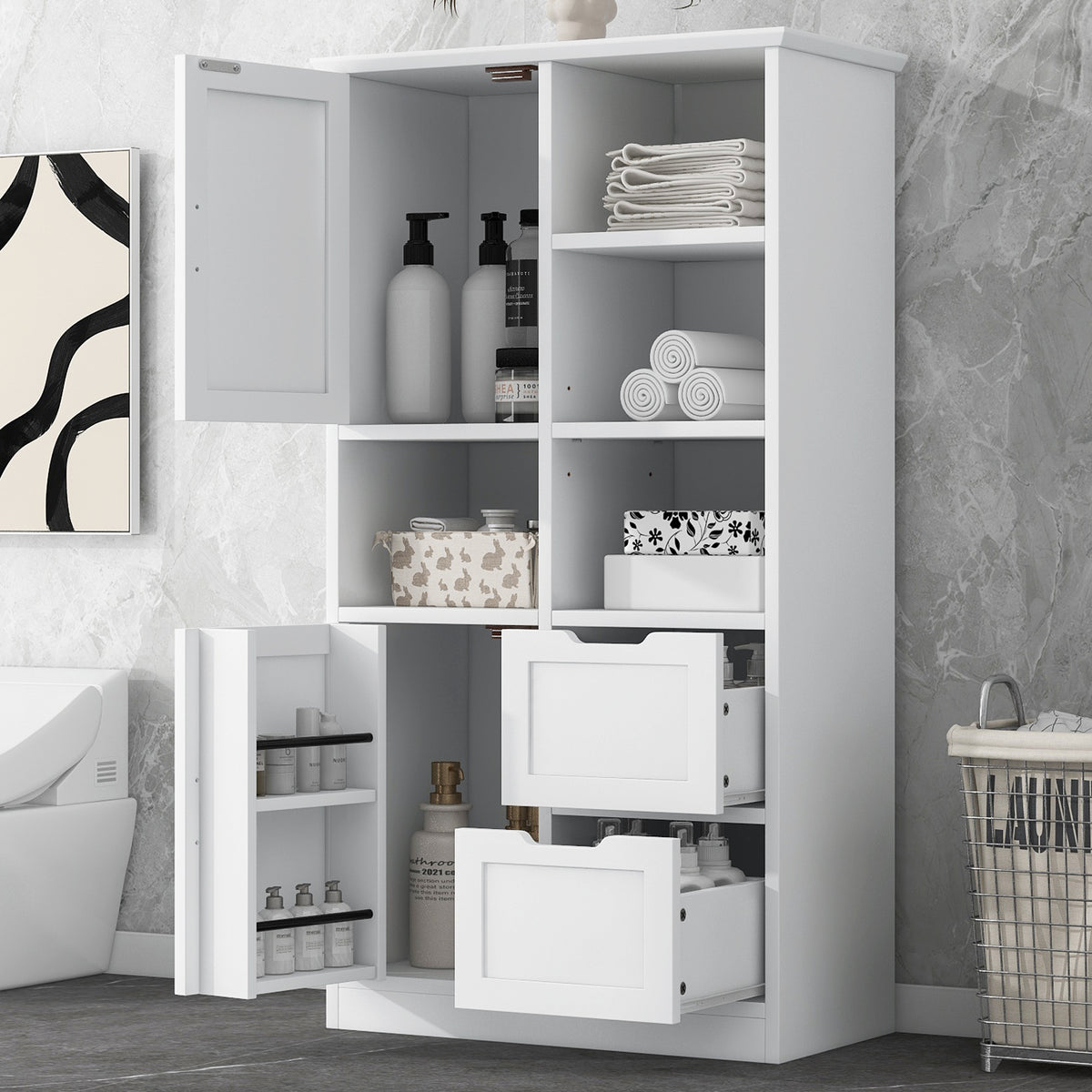 Tall White Bathroom Storage Cabinet with Drawers and Shelves