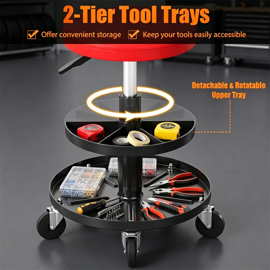 Adjustable Pneumatic Rolling Mechanic Stool with 2 Tier Tool Tray Red - Image 6
