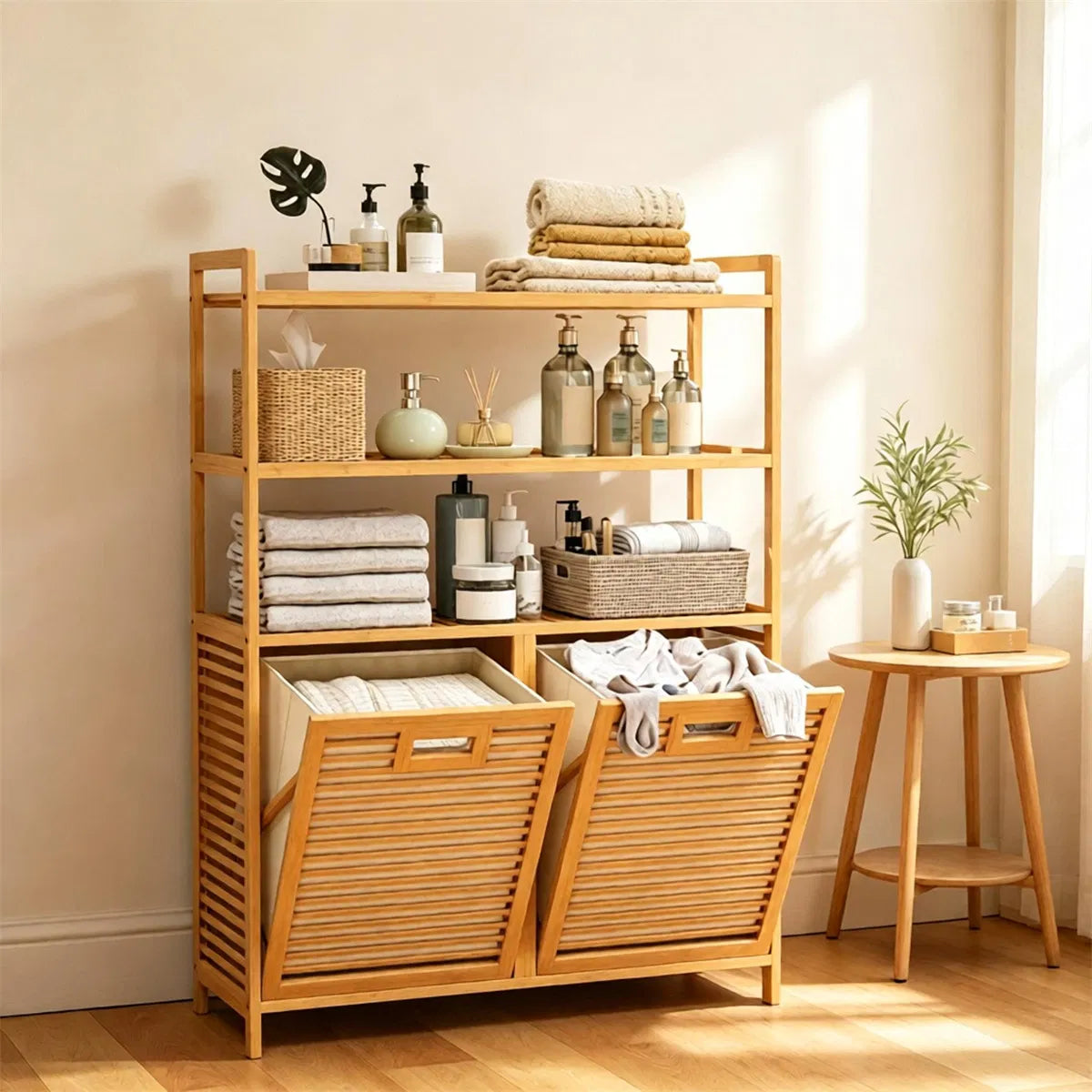 Natural Bamboo Tilt Out Laundry Hamper Cabinet with 2 Removable 7 Gallon Fabric - Image 5