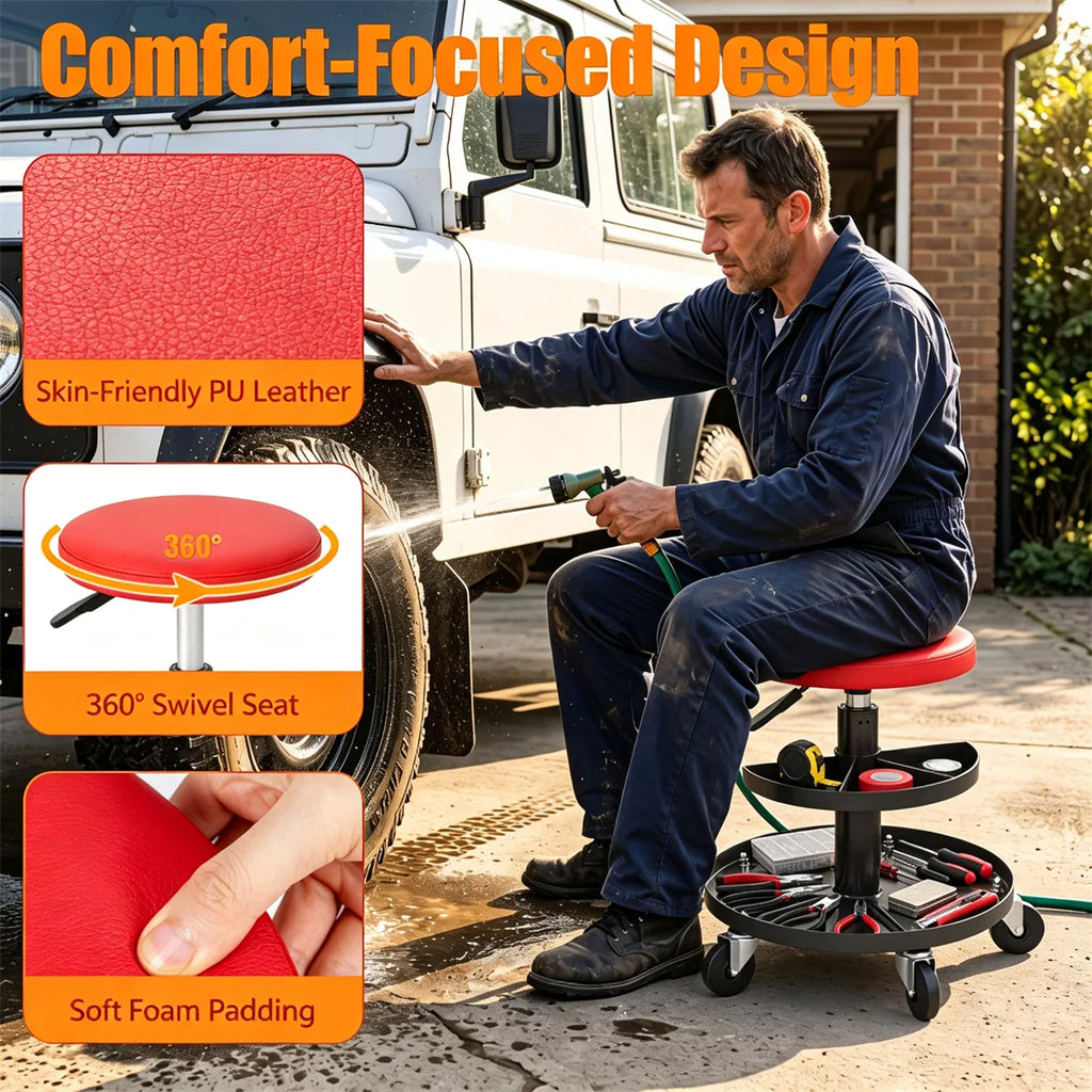 Adjustable Pneumatic Rolling Mechanic Stool with 2 Tier Tool Tray Red - Image 2