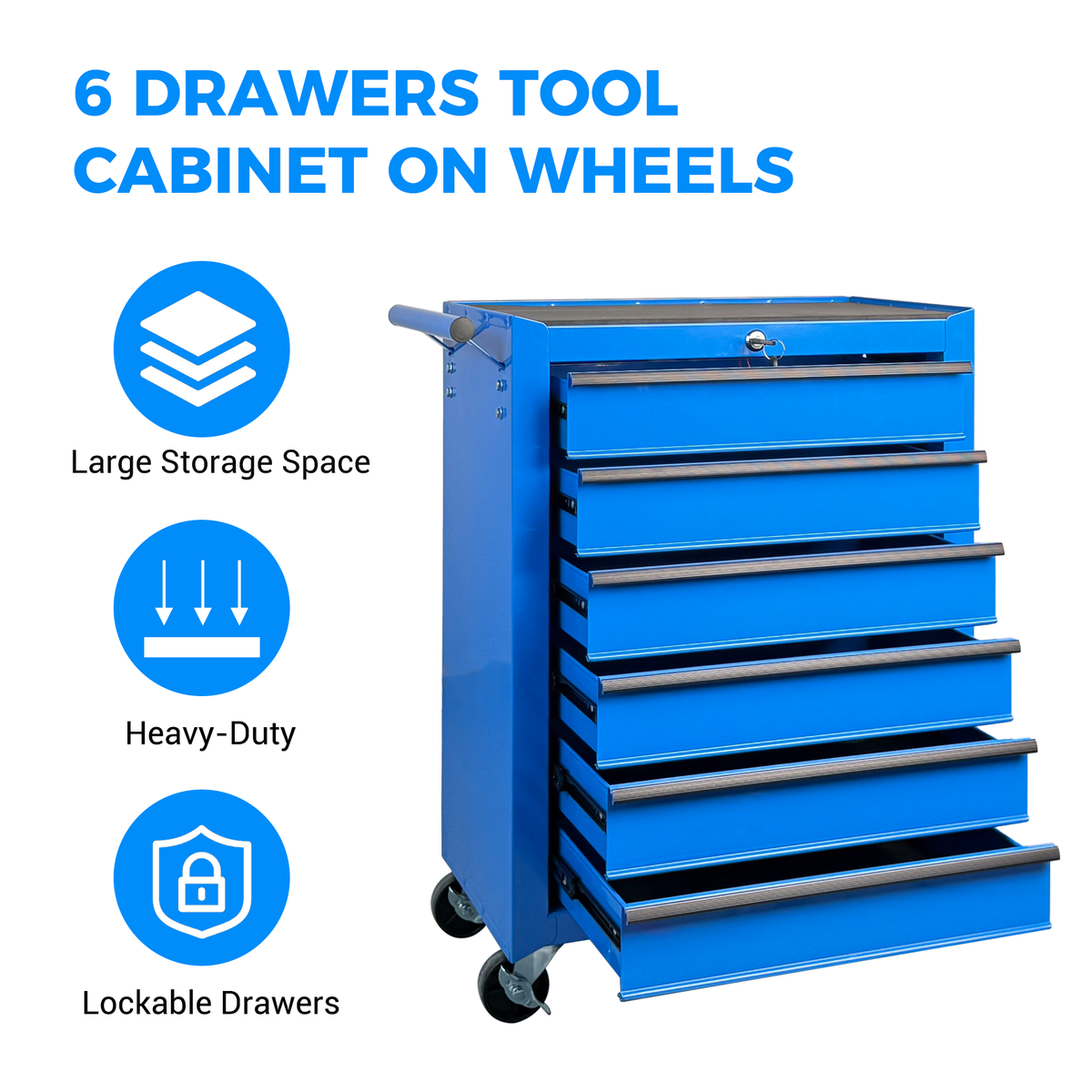 20-Inch Rolling Metal Tool Chest 6 Drawers Blue Steel Workshop Cabinet - Ball Bearing Slide and Wheel Detail